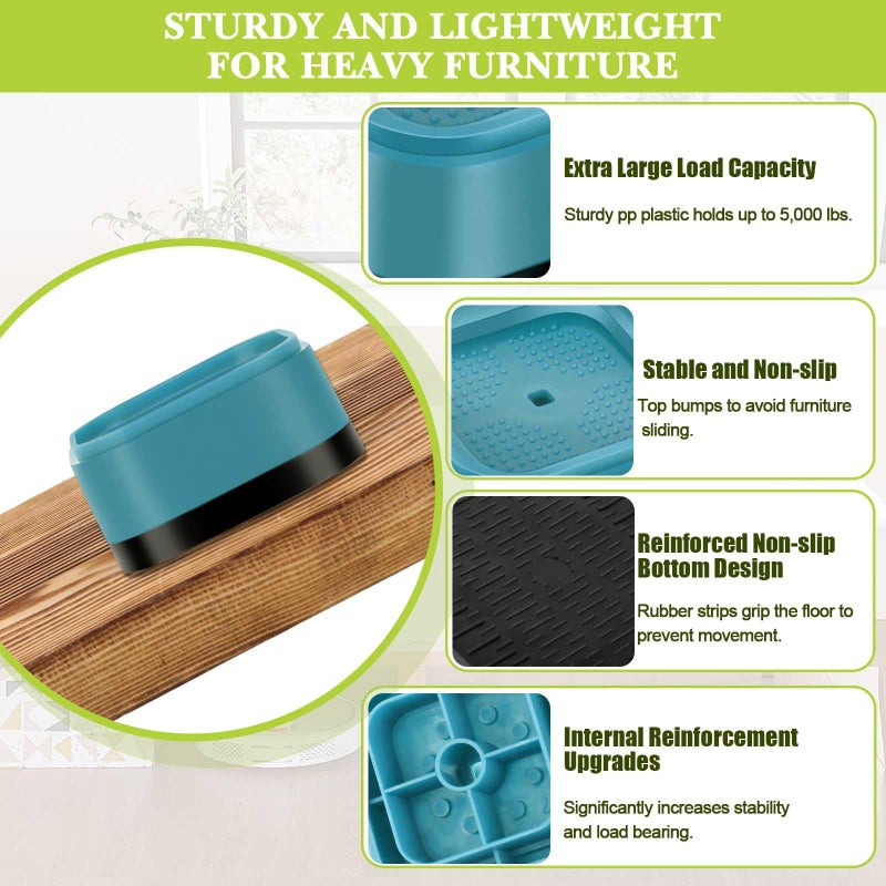 Yookwutar 4 Pack Furniture Risers 1 Inch, Adjustable Bed Risers Heavy Duty for Table Desk Couch Chair Sofa Cabinet Bed Legs Dorm, Square Stackable Bed Raisers Blocks Lift Height 1"", 2"" or 3"", Blue - Image 4